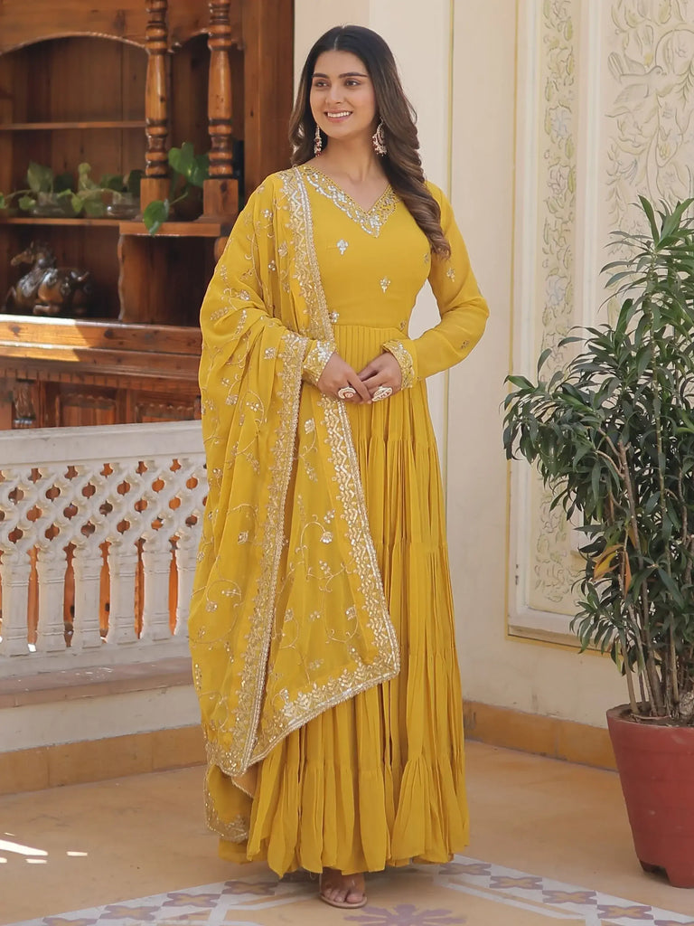 Dazzling Yellow Embroidered Georgette Haldi Wear Gown With Dupatta