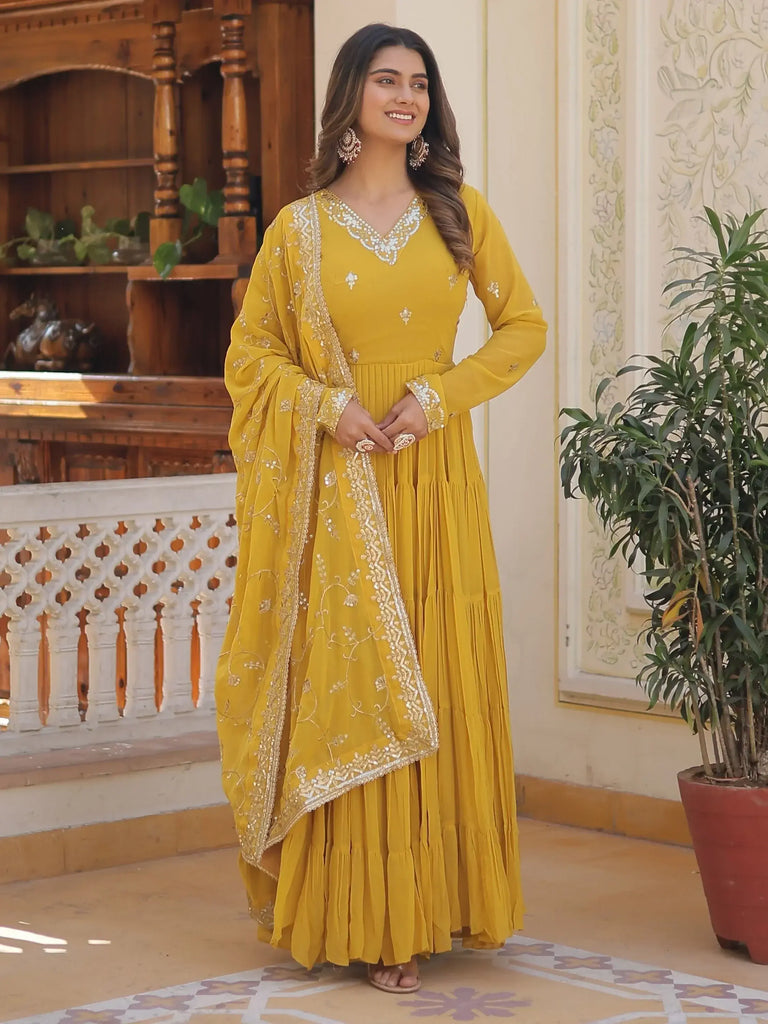 Dazzling Yellow Embroidered Georgette Haldi Wear Gown With Dupatta