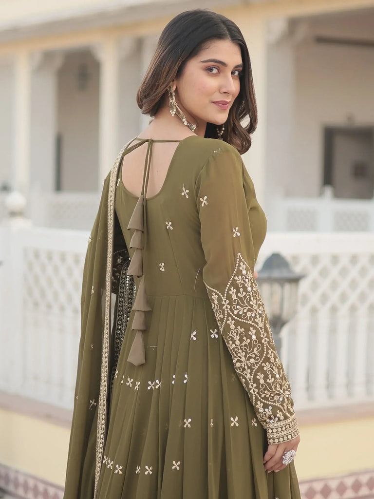 Astonishing Olive Green Embroidered Georgette Mehendi Wear Gown