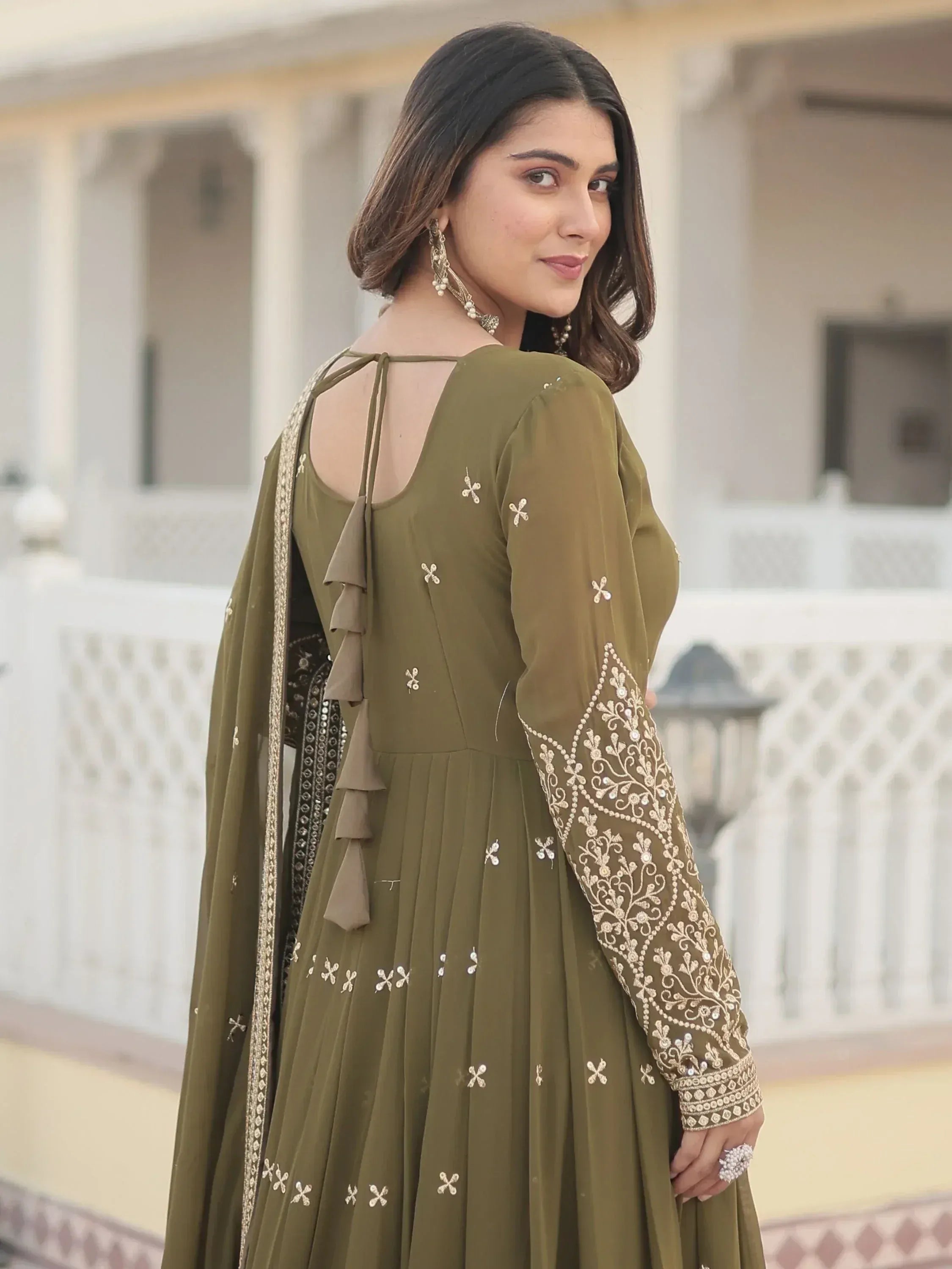 Olive green embroidered anarkali with back tie-up, perfect for Indian ethnic wear occasions