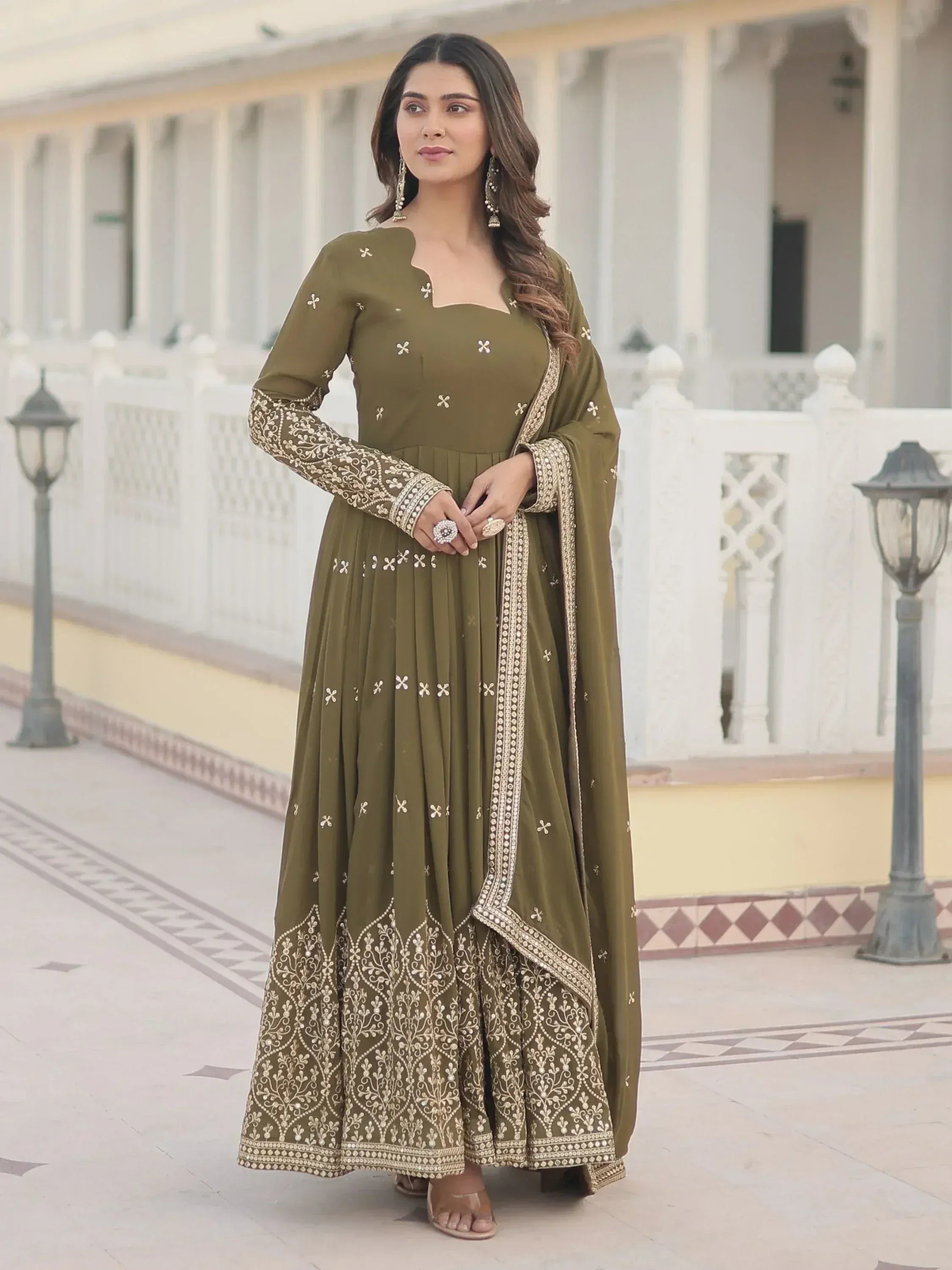 Olive green embroidered anarkali suit with gold detailing, perfect for Indian ethnic wear occasions