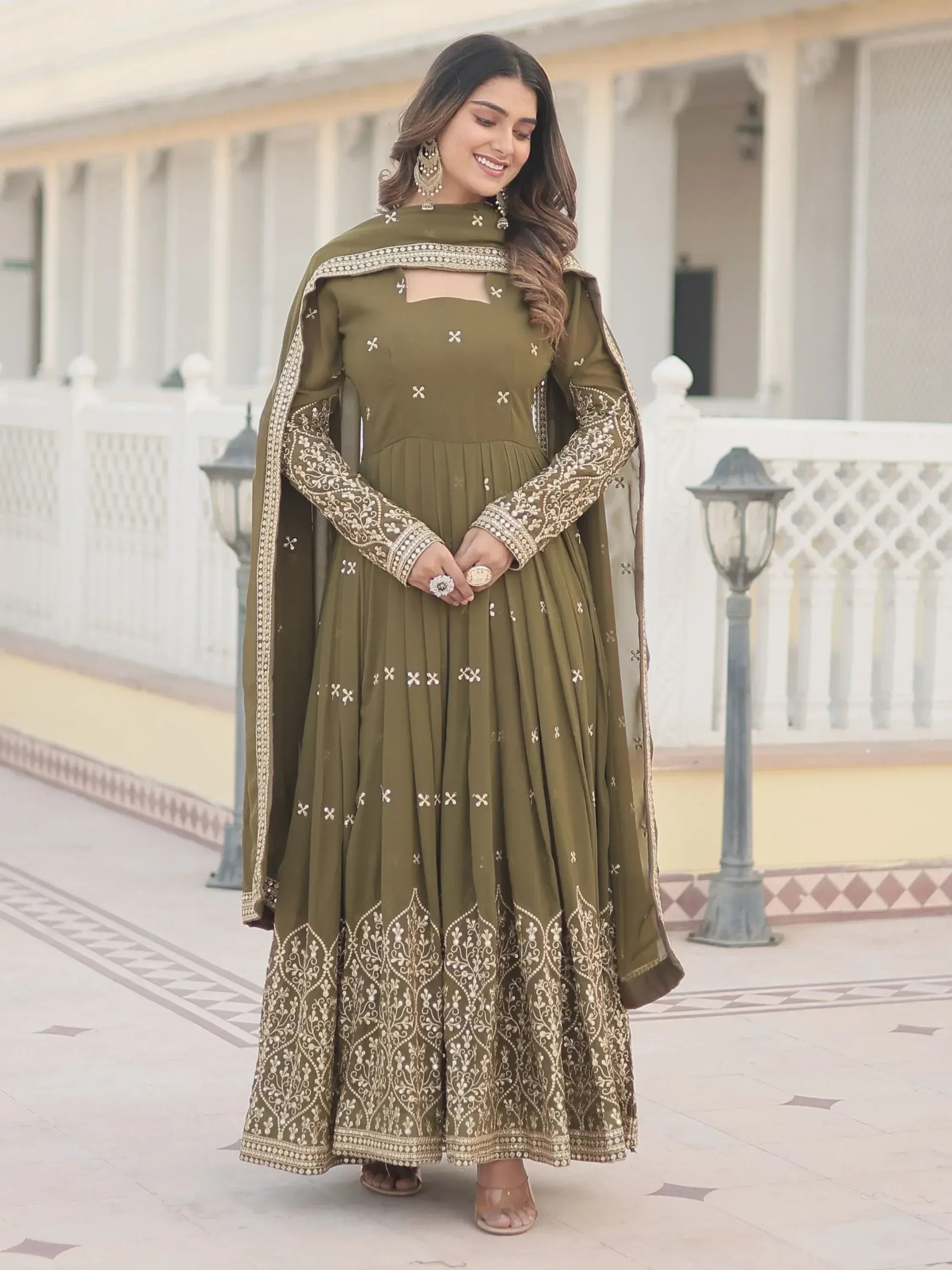 Olive green embroidered anarkali suit with dupatta, Indian ethnic wear for women