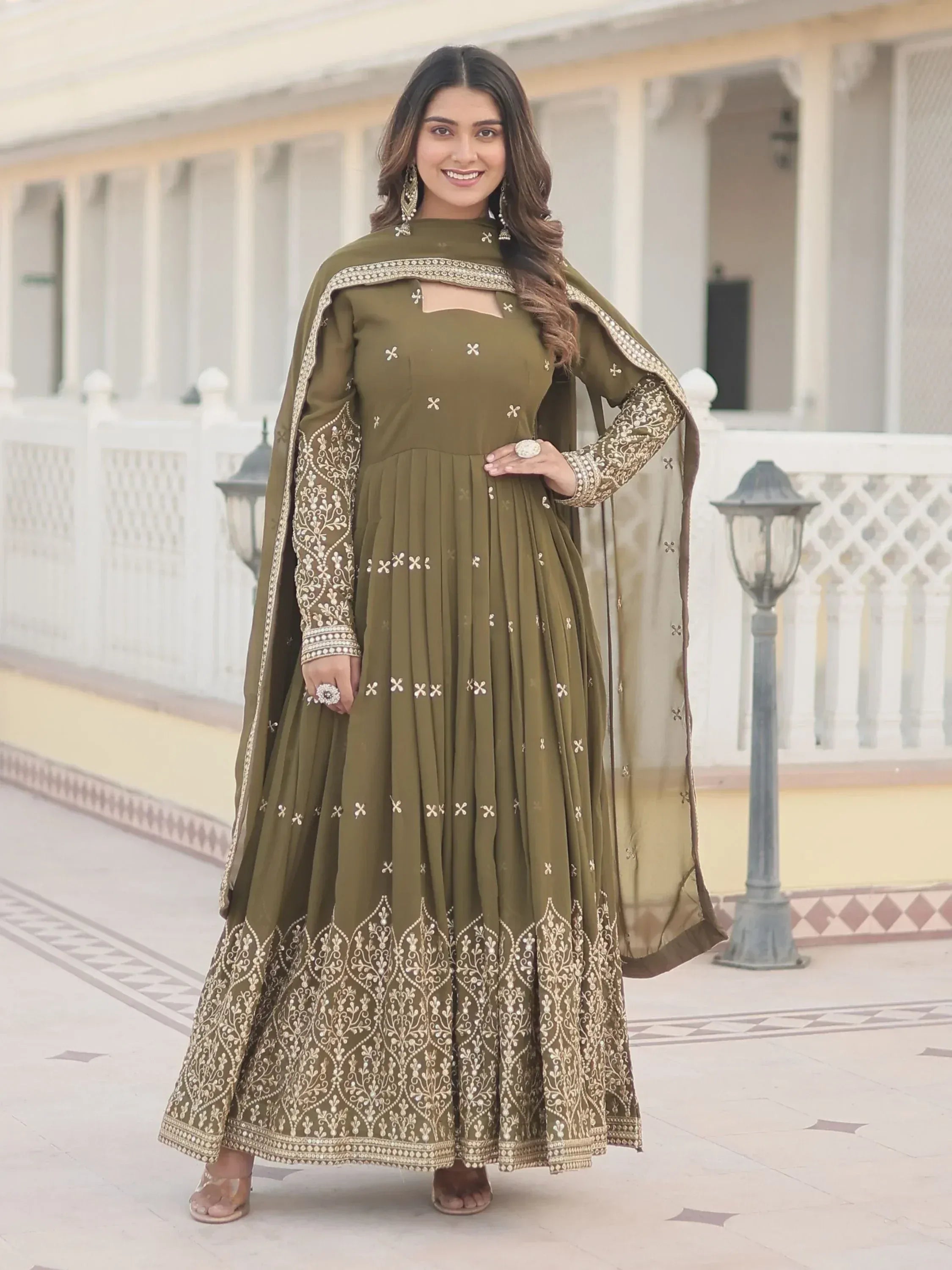 Olive green embroidered anarkali suit with dupatta, Indian ethnic wear for women