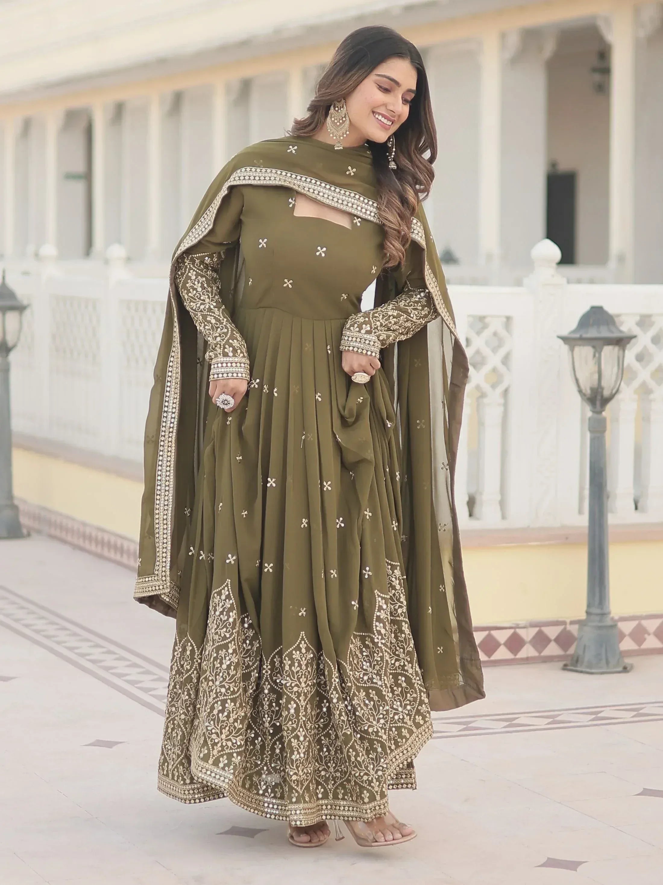 Olive green embroidered anarkali suit with dupatta, perfect for Indian ethnic occasions