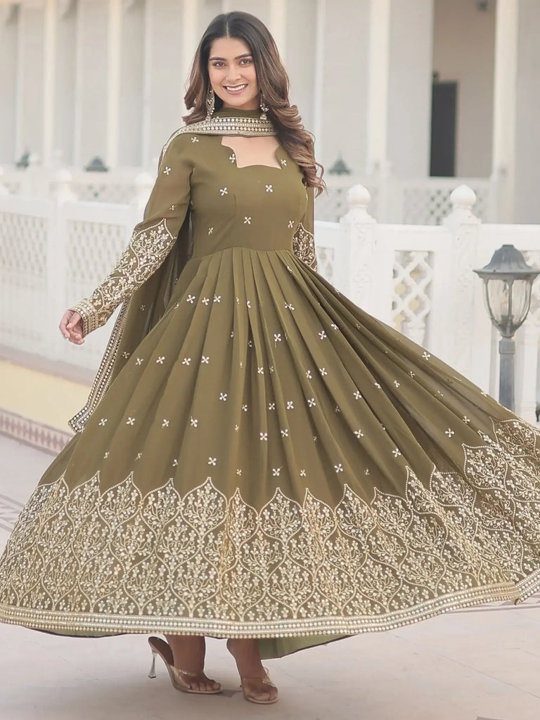 Astonishing Olive Green Embroidered Georgette Mehendi Wear Gown