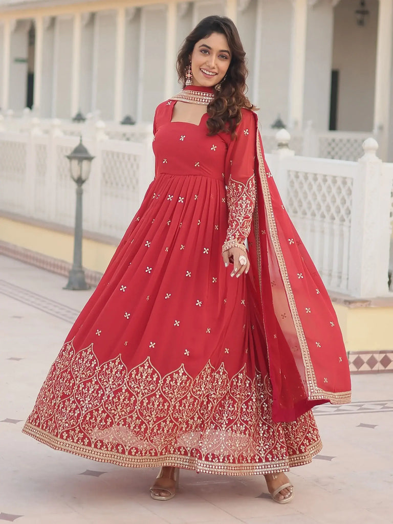 Dazzling Coral Red Embroidered Georgette Function Wear Gown