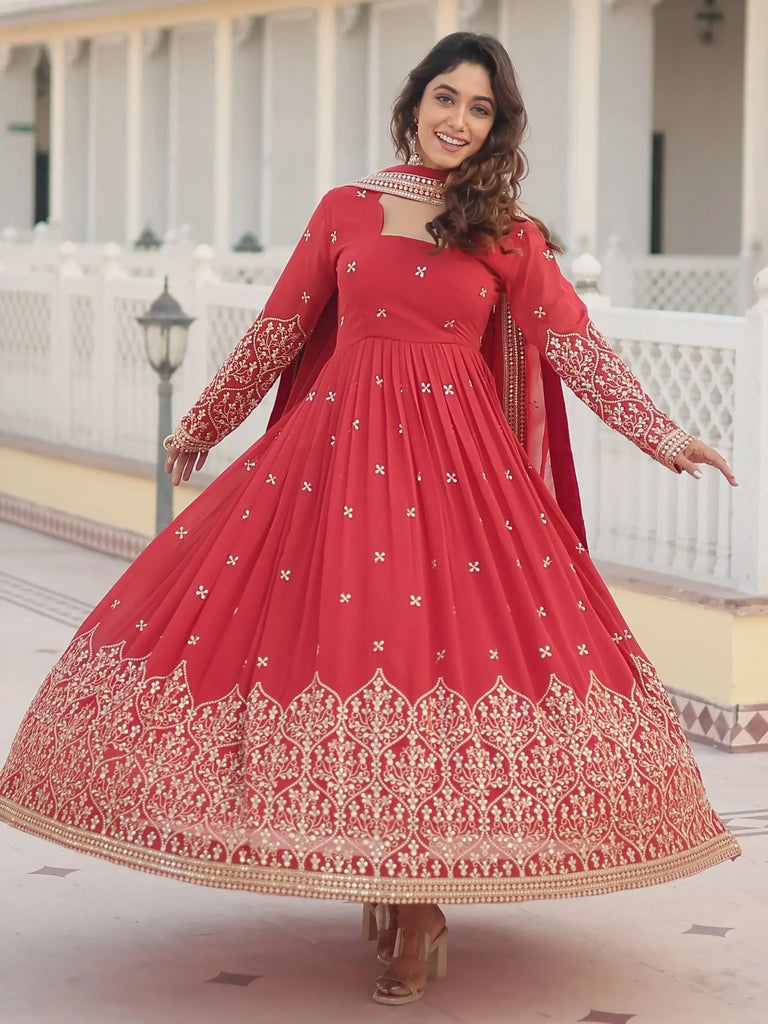 Dazzling Coral Red Embroidered Georgette Function Wear Gown