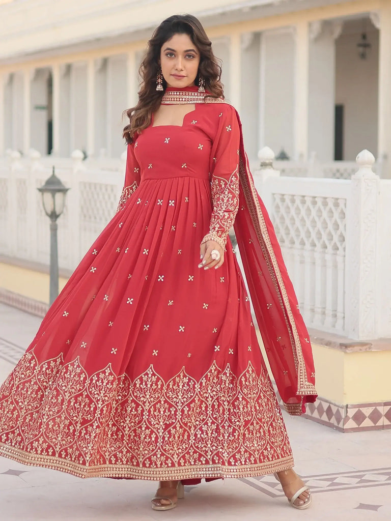 Dazzling Coral Red Embroidered Georgette Function Wear Gown