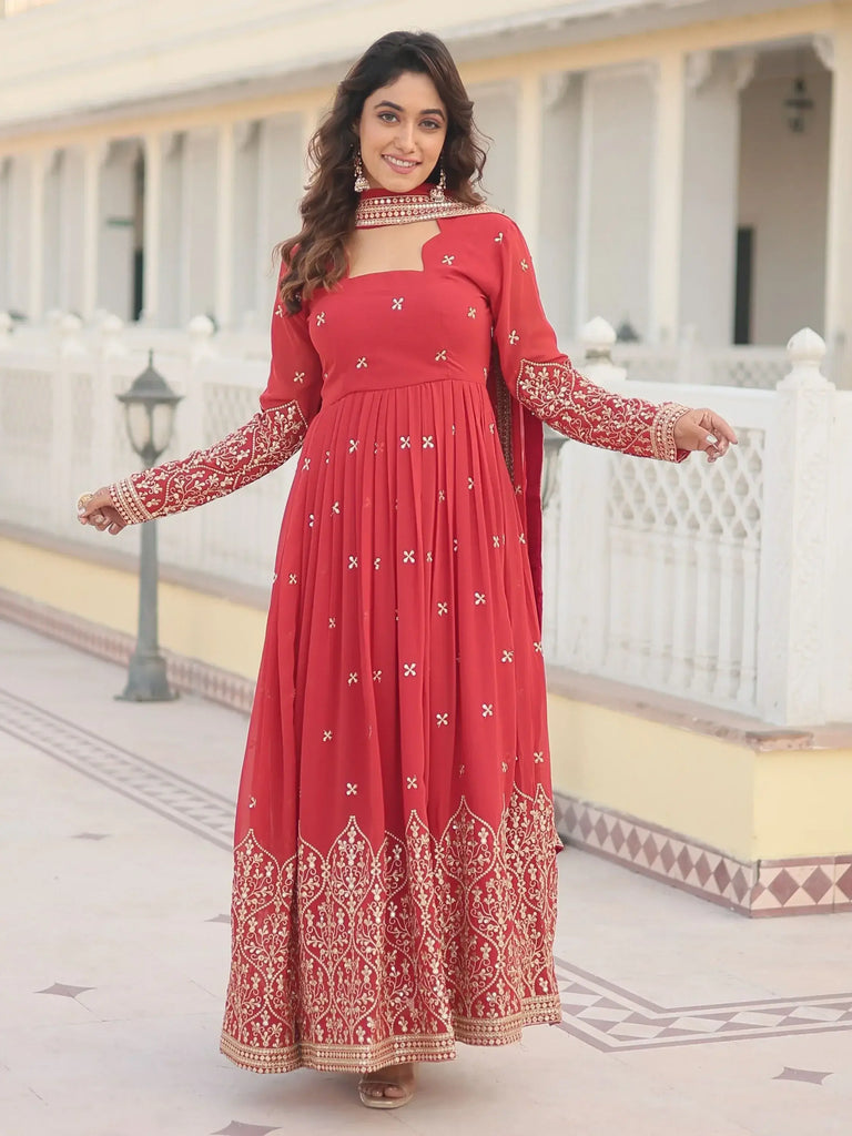 Dazzling Coral Red Embroidered Georgette Function Wear Gown