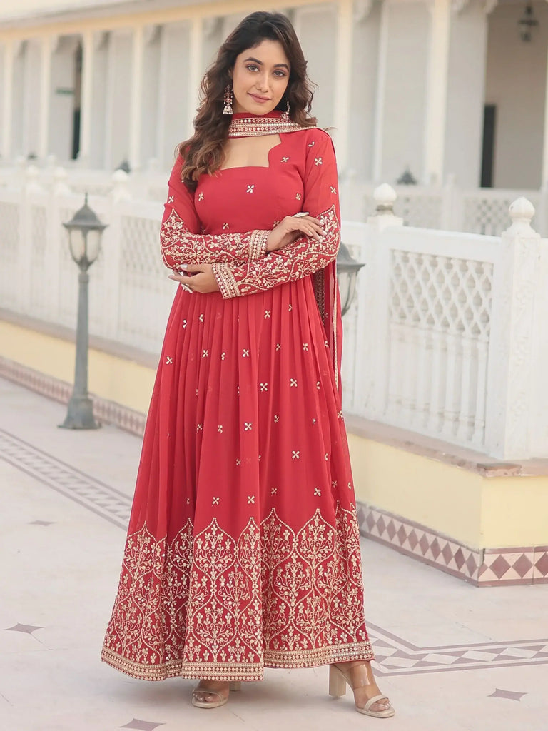 Dazzling Coral Red Embroidered Georgette Function Wear Gown