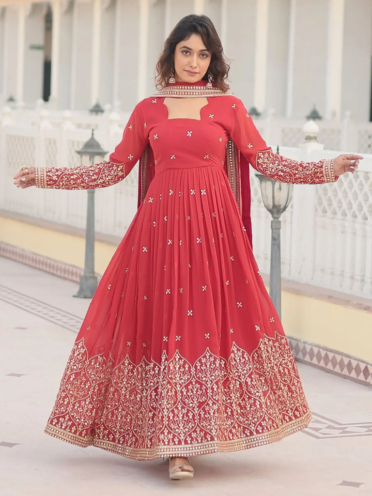 Dazzling Coral Red Embroidered Georgette Function Wear Gown