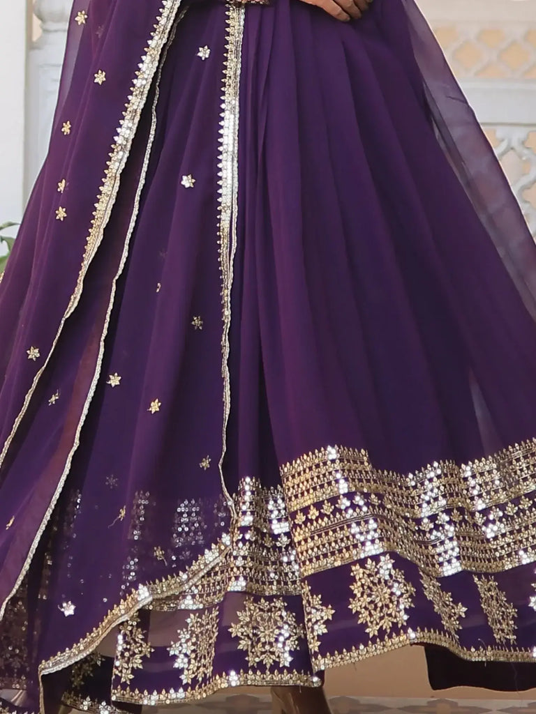 Fabulous Purple Sequins Georgette Reception Wear Gown With Dupatta