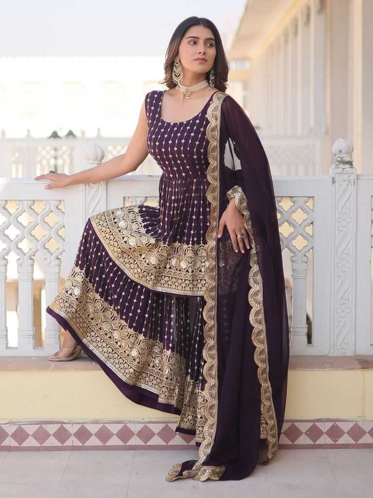 Glamorous Wine Sequins Georgette Reception Wear Sharara Suit