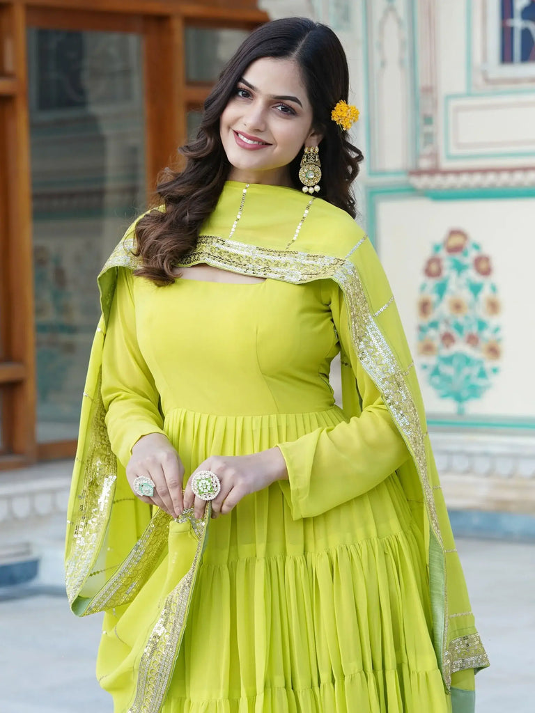 Glamorous Lime Green Georgette Function Wear Plain Gown With Dupatta