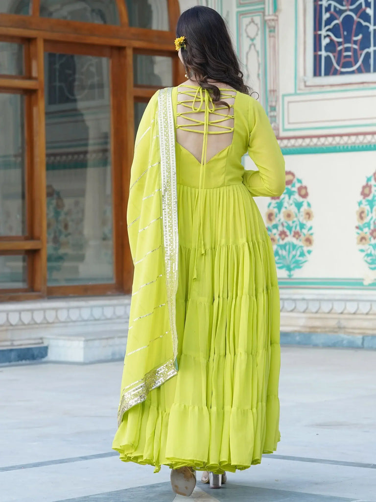 Glamorous Lime Green Georgette Function Wear Plain Gown With Dupatta