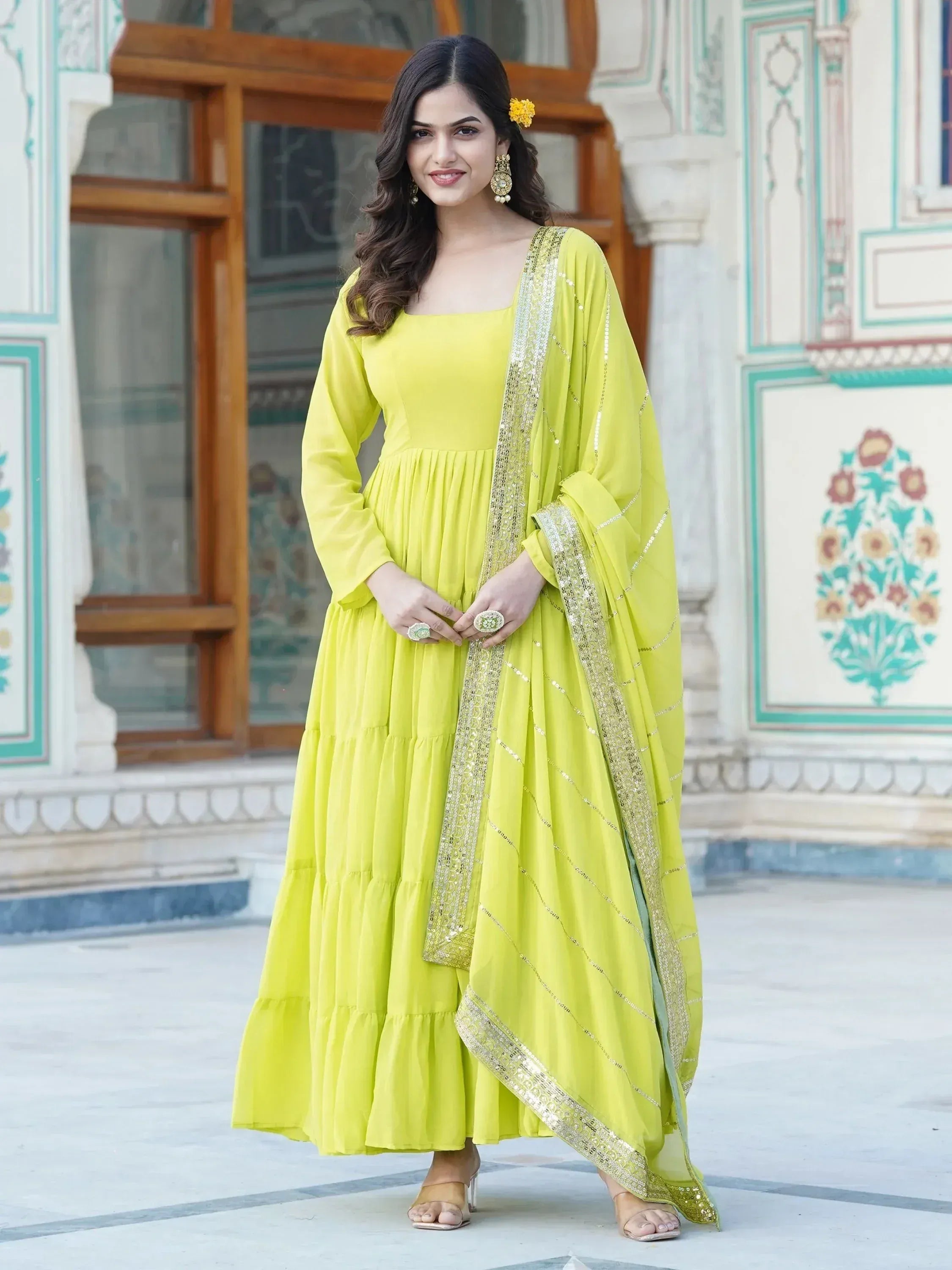 Vibrant yellow anarkali suit with gold sequin dupatta, perfect for Indian ethnic occasions and festive wear.