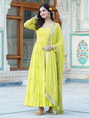 Glamorous Lime Green Georgette Function Wear Plain Gown With Dupatta