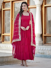 Alluring Rani Pink Georgette Traditional Plain Gown With Dupatta