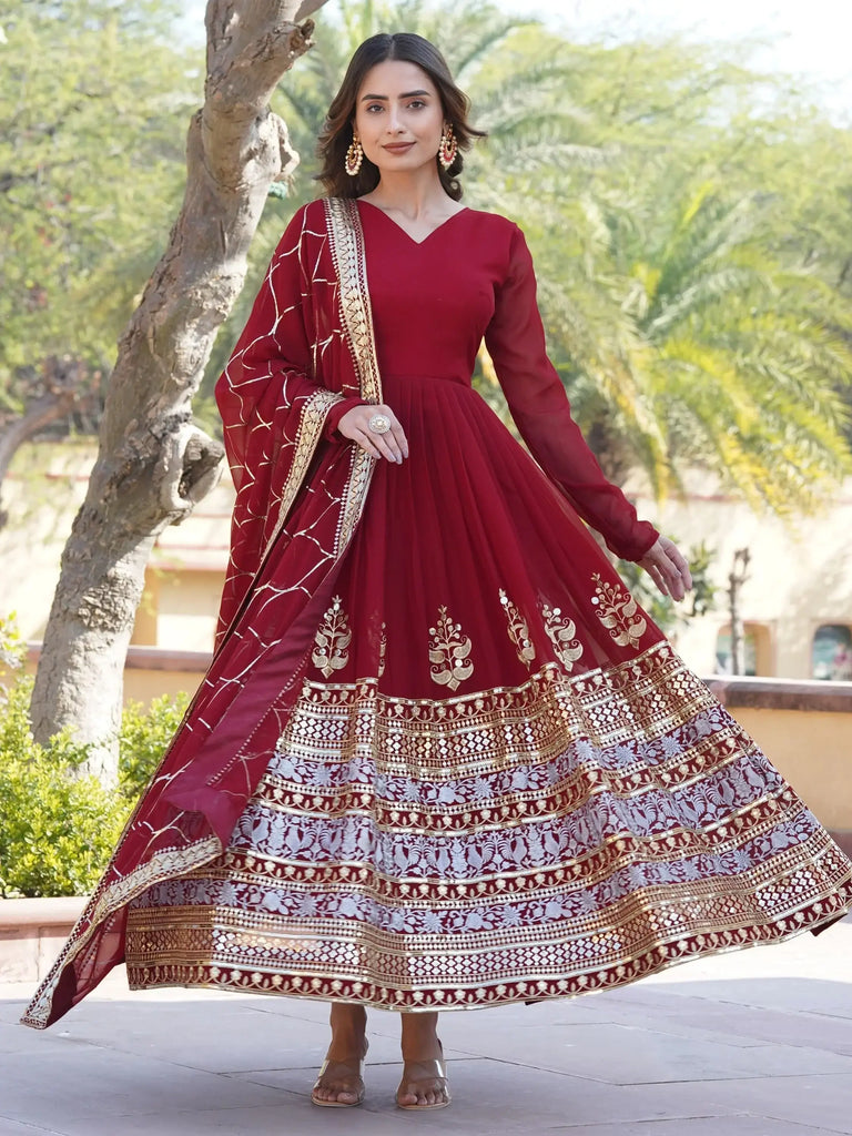 Pretty Maroon Sequins Georgette Function Wear Gown With Dupatta