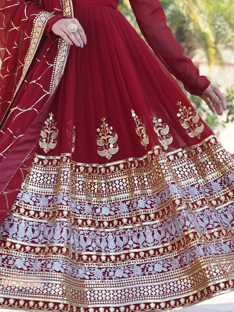 Pretty Maroon Sequins Georgette Function Wear Gown With Dupatta