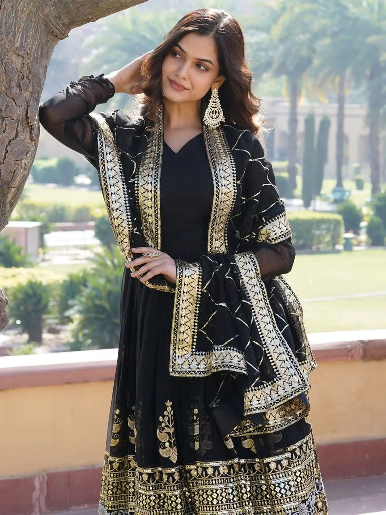 Stunning Black Sequins Georgette Reception Wear Gown With Dupatta