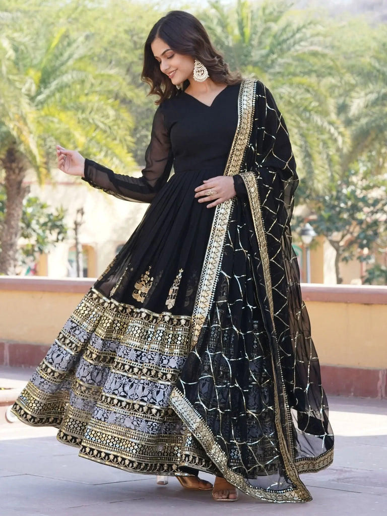 Stunning Black Sequins Georgette Reception Wear Gown With Dupatta