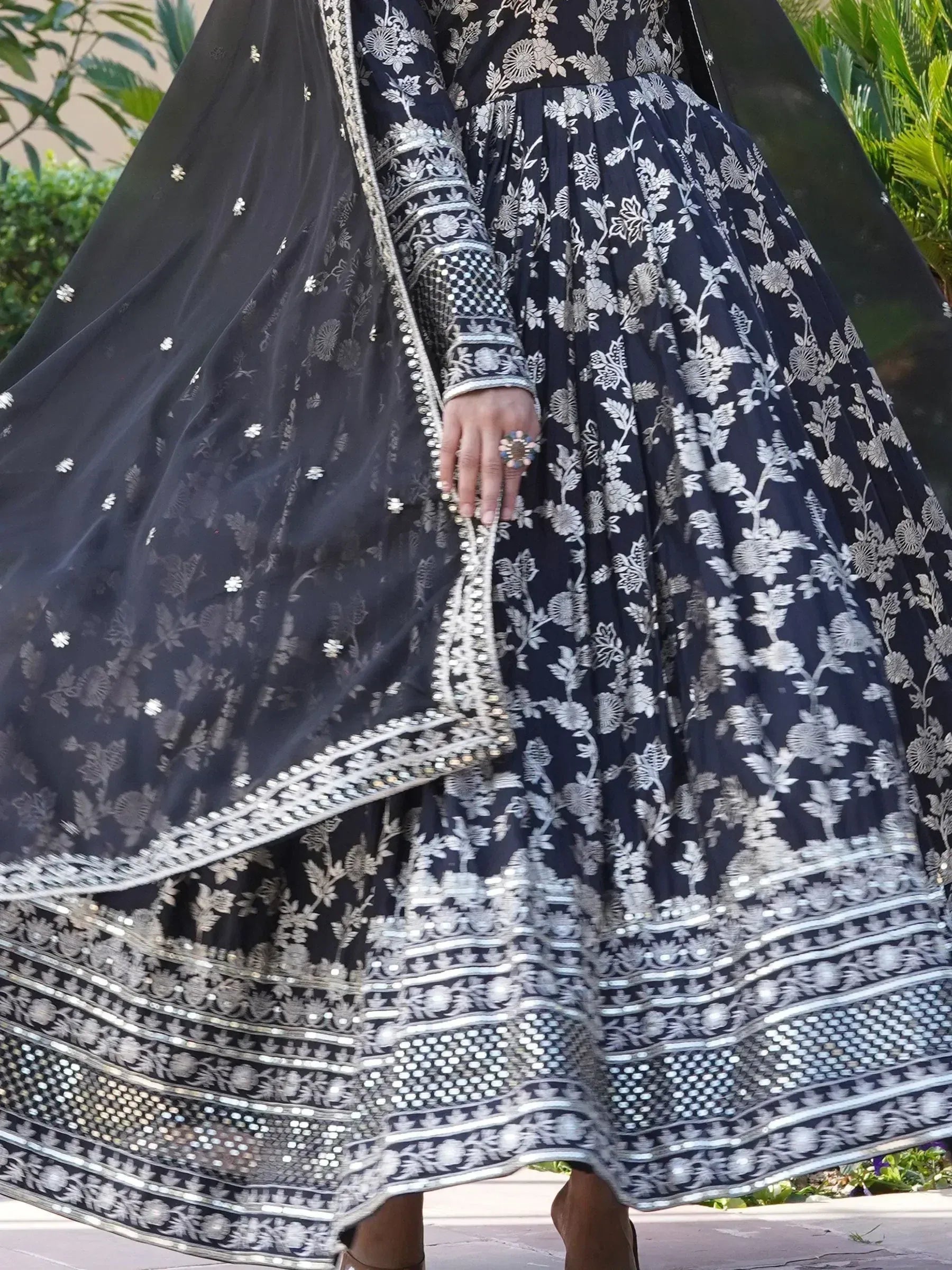 Black embroidered lehenga with silver floral patterns and matching dupatta, Indian ethnic wear