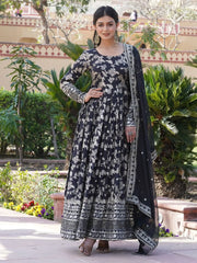 Lovable Black Embroidered Jacquard Reception Wear Gown With Dupatta