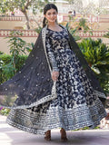 Lovable Black Embroidered Jacquard Reception Wear Gown With Dupatta