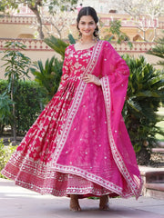 Magnetic Pink Embroidered Jacquard Function Wear Gown With Dupatta