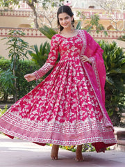 Magnetic Pink Embroidered Jacquard Function Wear Gown With Dupatta