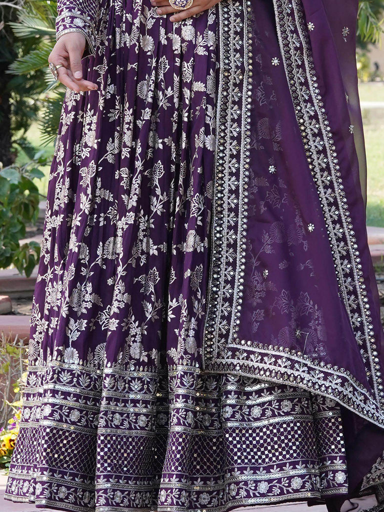 Alluring Wine Embroidered Jacquard Wedding Wear Gown With Dupatta