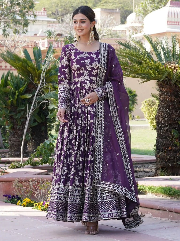 Alluring Wine Embroidered Jacquard Wedding Wear Gown With Dupatta