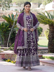 Alluring Wine Embroidered Jacquard Wedding Wear Gown With Dupatta