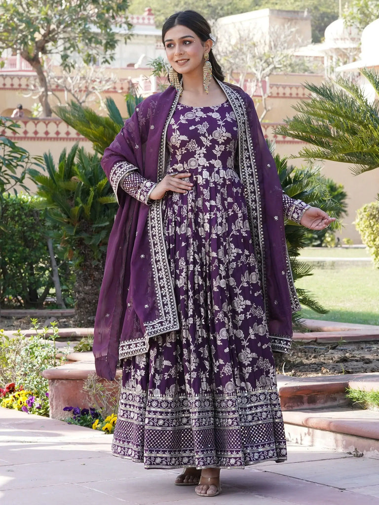 Alluring Wine Embroidered Jacquard Wedding Wear Gown With Dupatta
