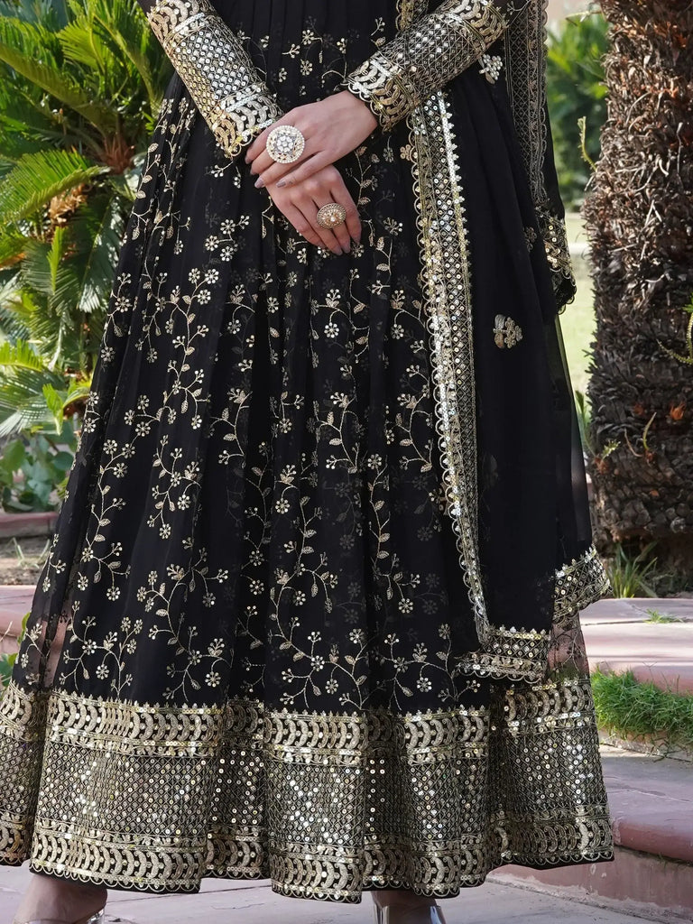Wonderful Black Sequins Georgette Function Wear Gown With Dupatta
