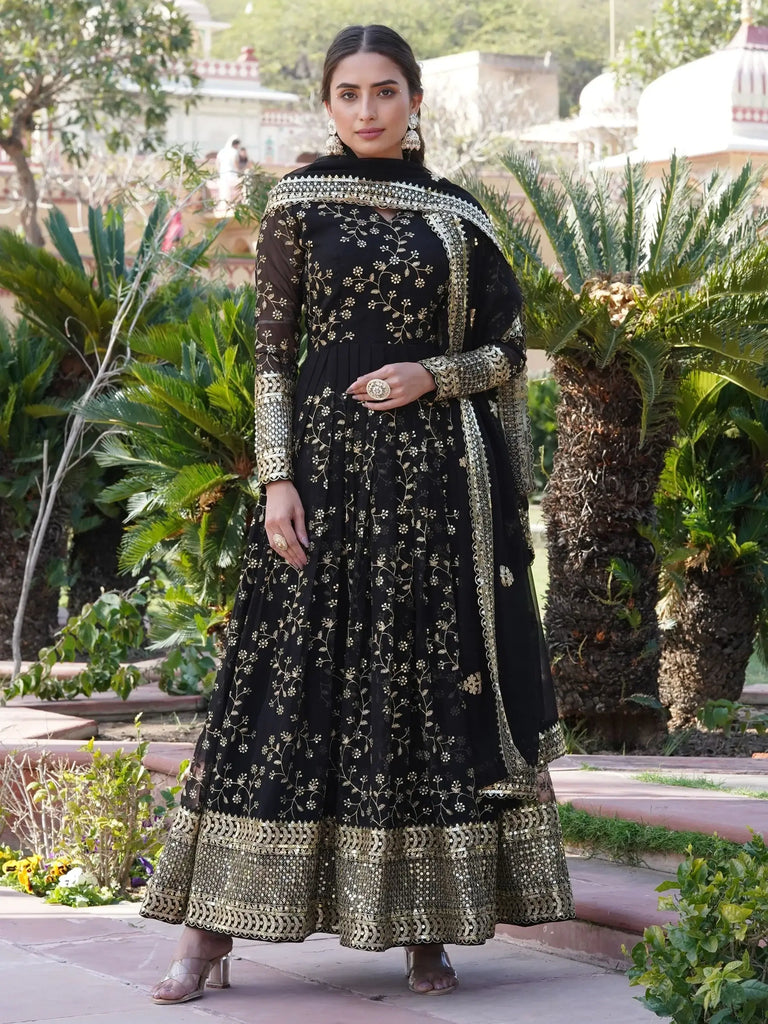 Wonderful Black Sequins Georgette Function Wear Gown With Dupatta