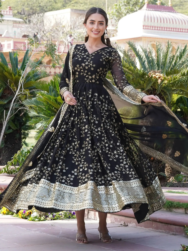 Wonderful Black Sequins Georgette Function Wear Gown With Dupatta
