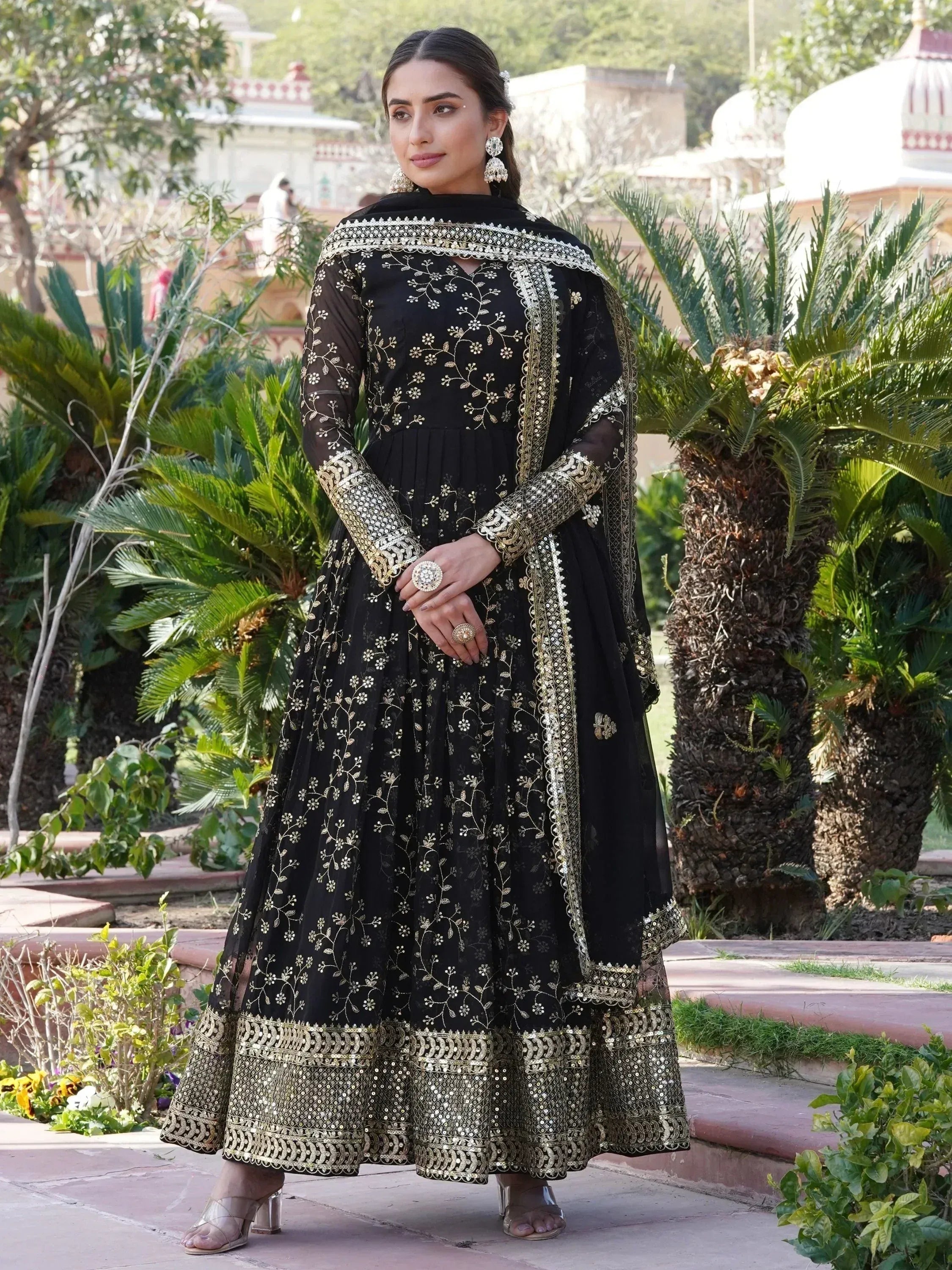 Black and gold embroidered anarkali suit with dupatta, perfect for Indian ethnic occasions and weddings.