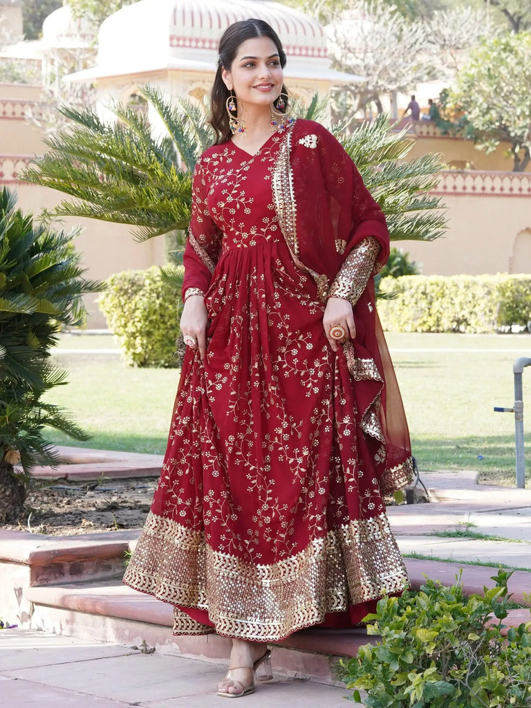Fabulous Maroon Sequins Georgette Wedding Wear Gown With Dupatta