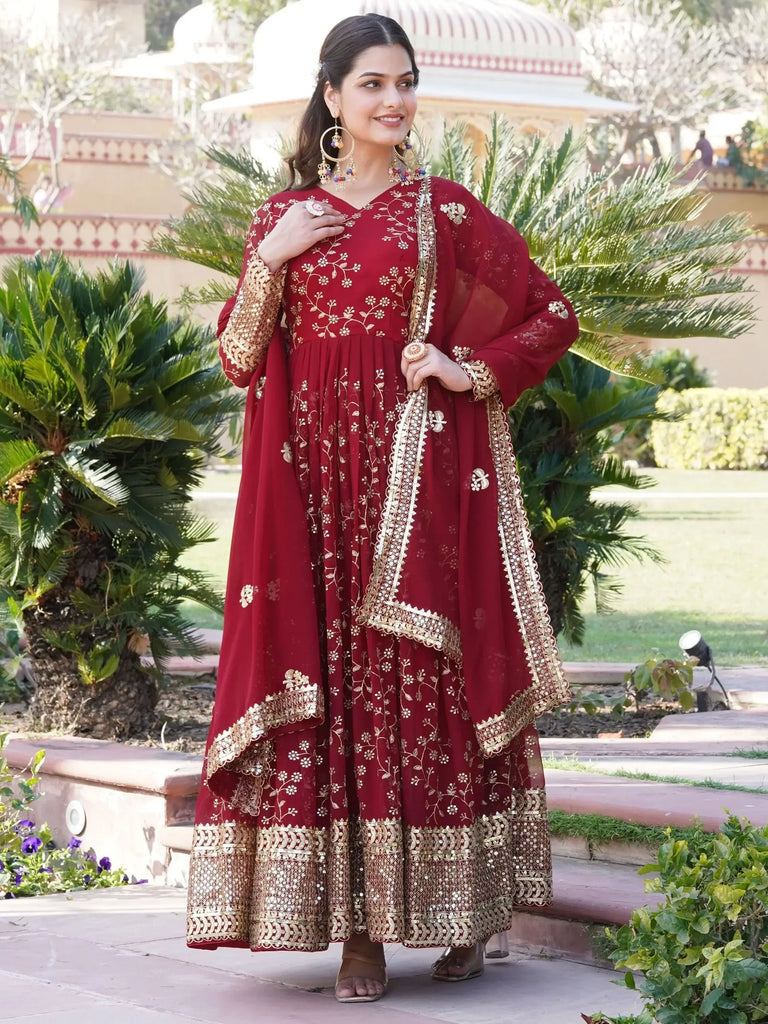 Fabulous Maroon Sequins Georgette Wedding Wear Gown With Dupatta