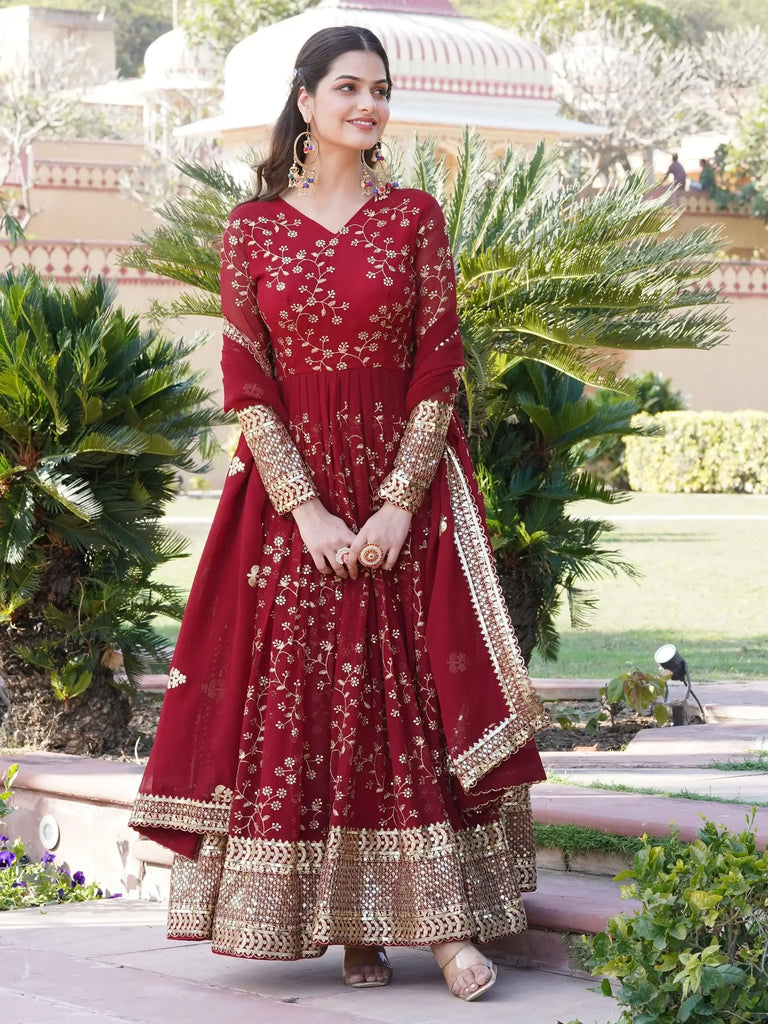 Fabulous Maroon Sequins Georgette Wedding Wear Gown With Dupatta