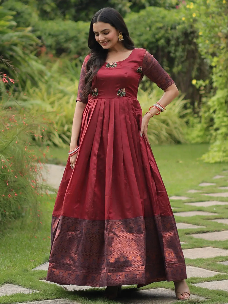 Fascinating Maroon Zari Weaving Banarasi Silk Traditional Gown