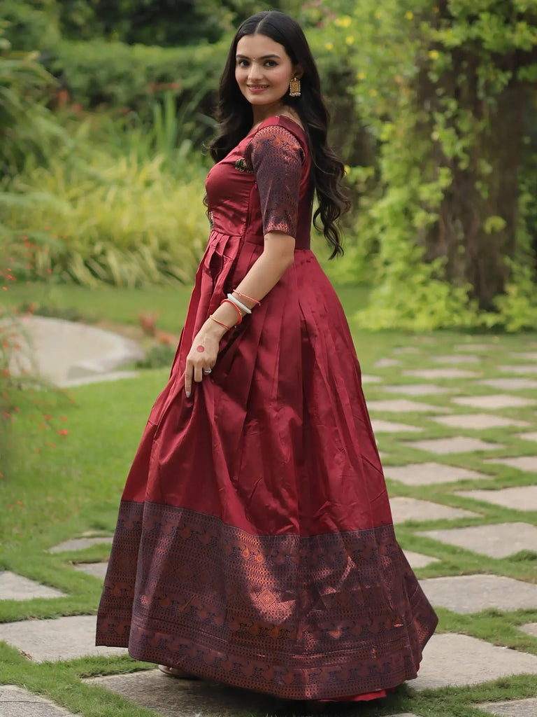 Fascinating Maroon Zari Weaving Banarasi Silk Traditional Gown