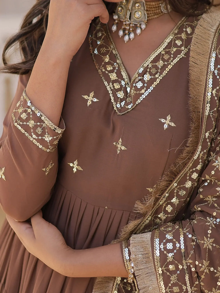 Pretty Brown Embroidered Georgette Event Wear Gown With Dupatta