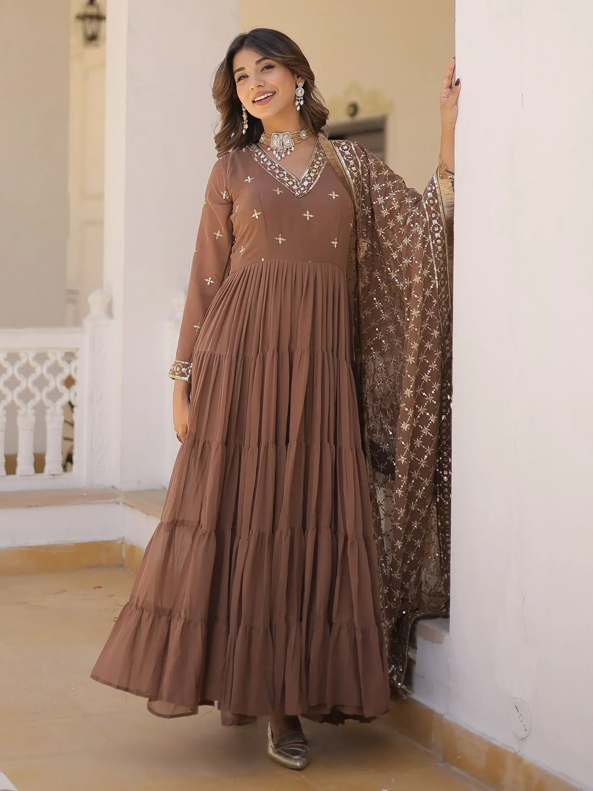 Pretty Brown Embroidered Georgette Event Wear Gown With Dupatta