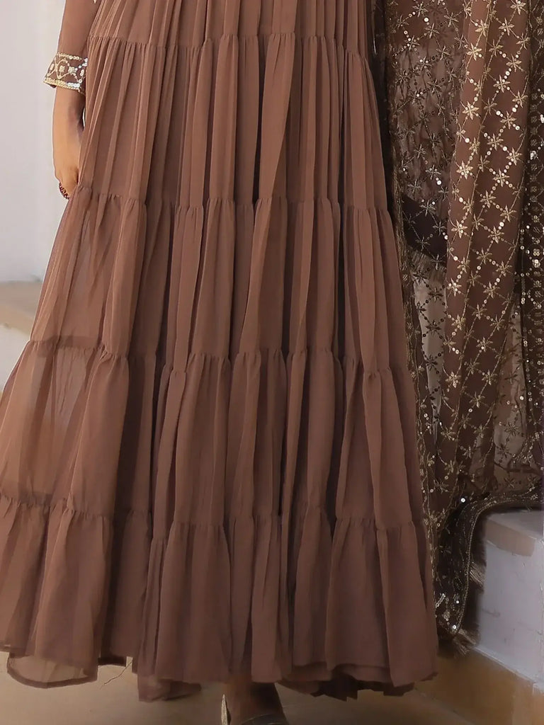 Pretty Brown Embroidered Georgette Event Wear Gown With Dupatta