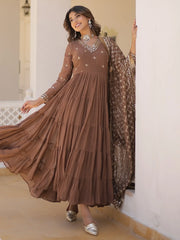 Pretty Brown Embroidered Georgette Event Wear Gown With Dupatta