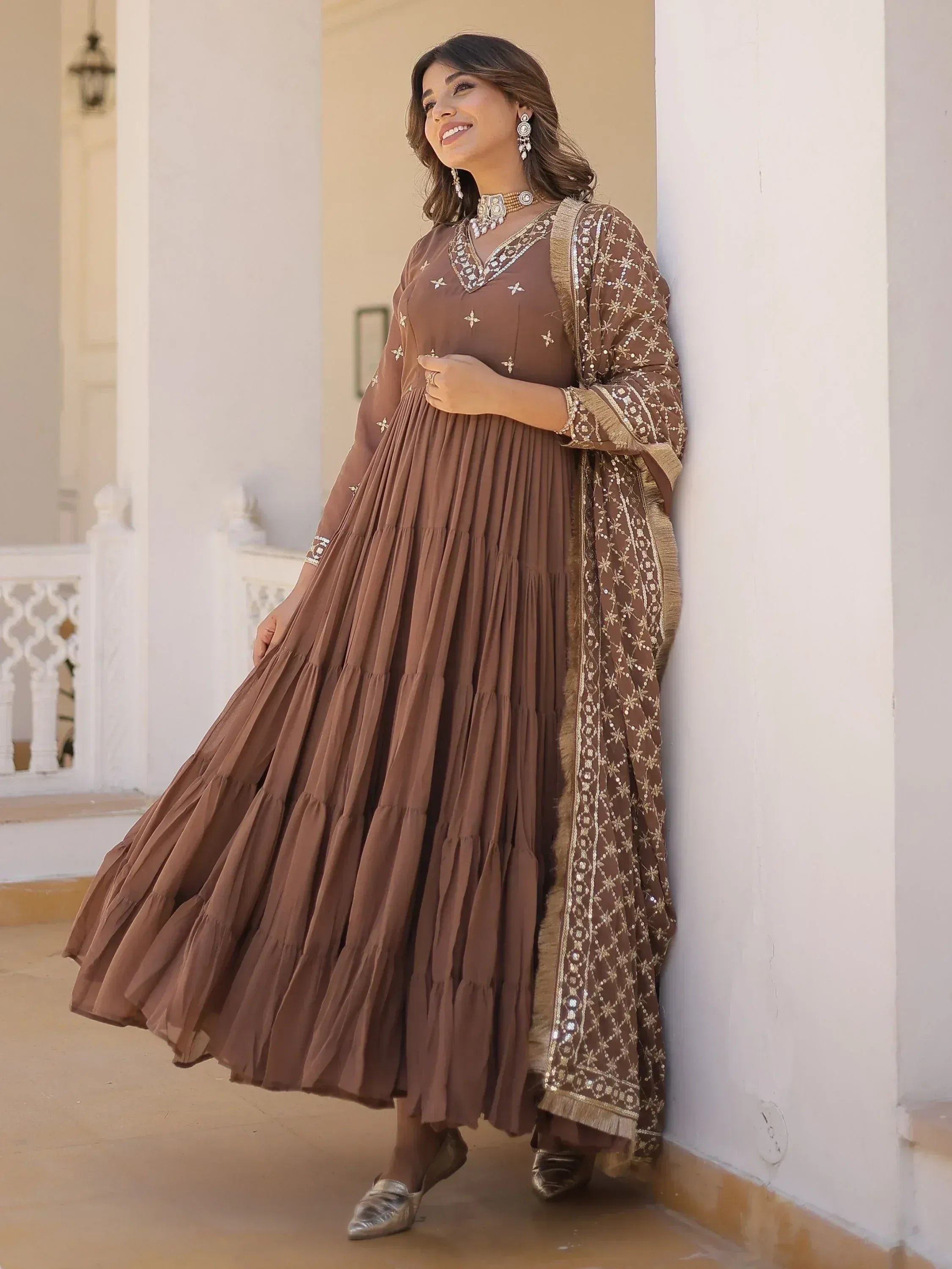 Brown embroidered anarkali gown with pleated skirt and matching dupatta, Indian ethnic wear