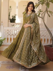 Adorable Olive Green Embroidered Georgette Mehendi Wear Gown